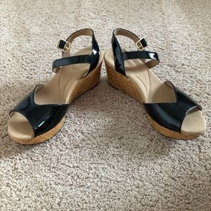 Clark’s Black Patent Cork Wedge Sandal